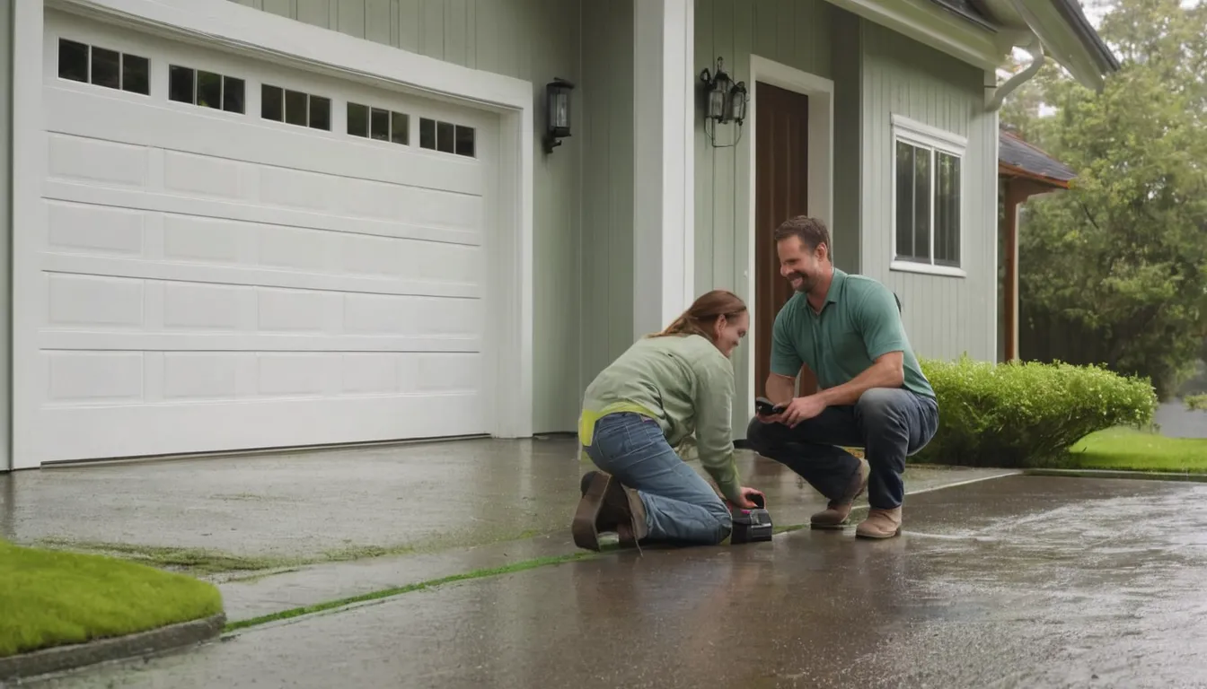 A local garage door provider checking the track and springs of a residential garage door on a rainy morning in the Snoqualmie area
