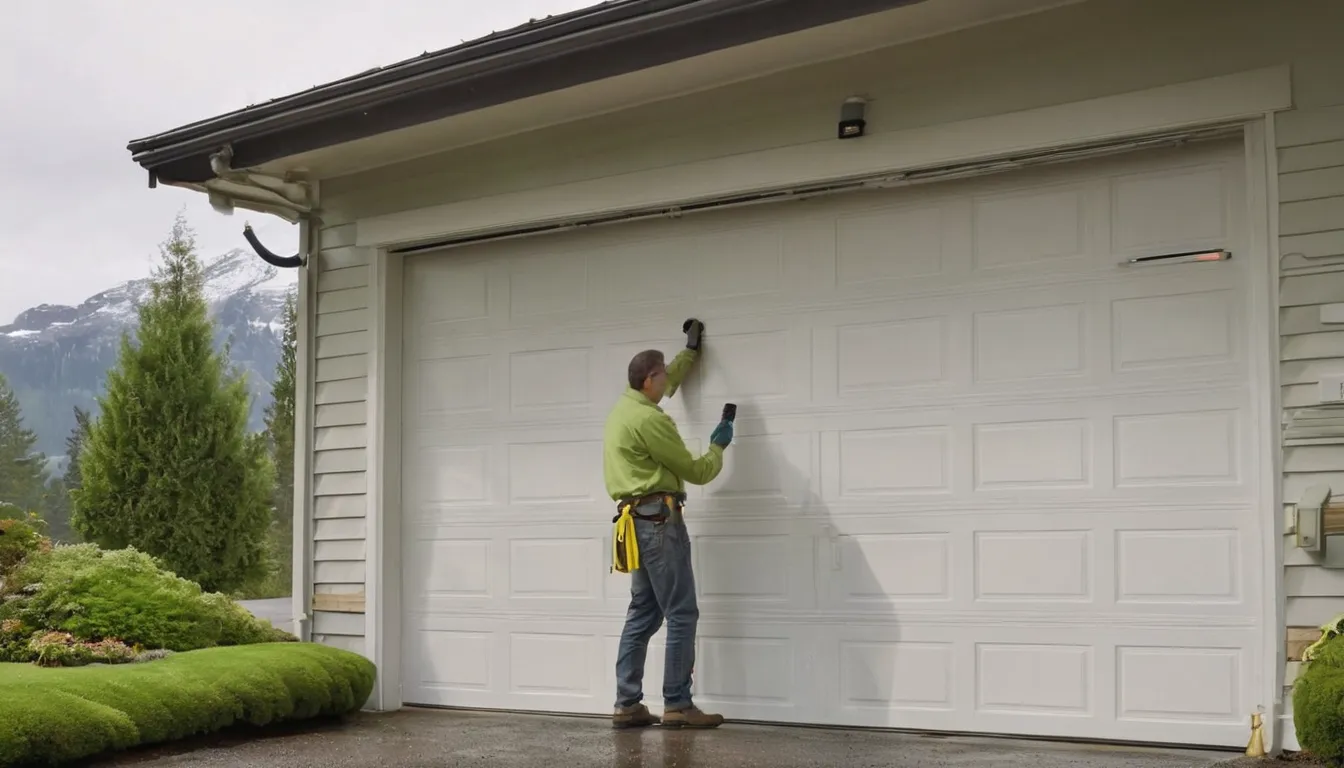 Friendly garage door provider checking a torsion spring above a garage door at a Snoqualmie home